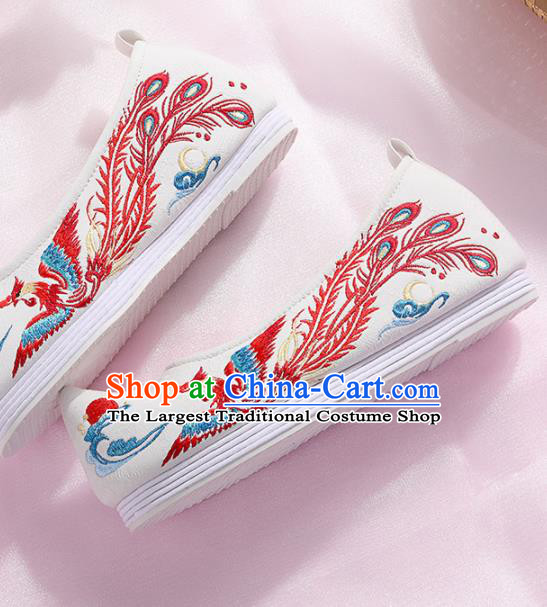 Chinese Traditional Hanfu Cloth Shoes Embroidered Phoenix White Shoes Handmade Ancient Princess Shoes for Women