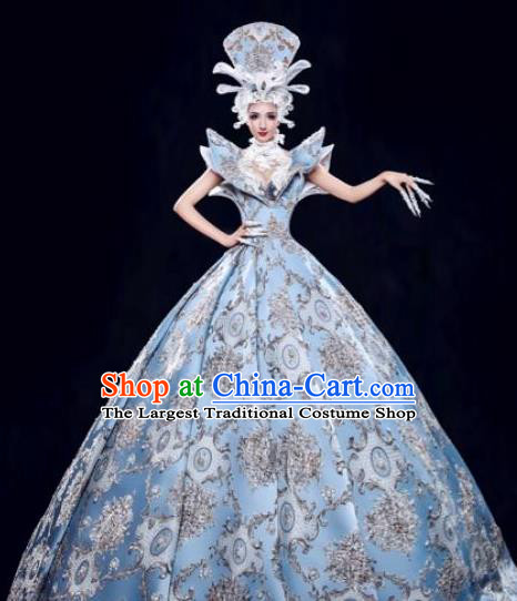 Handmade Modern Fancywork Stage Show Court Blue Dress Halloween Cosplay Queen Fancy Ball Costume for Women