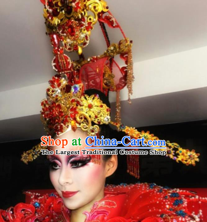 Chinese Traditional Stage Show Red Phoenix Coronet Deluxe Hair Accessories Handmade Cosplay Queen Hat Headwear for Women