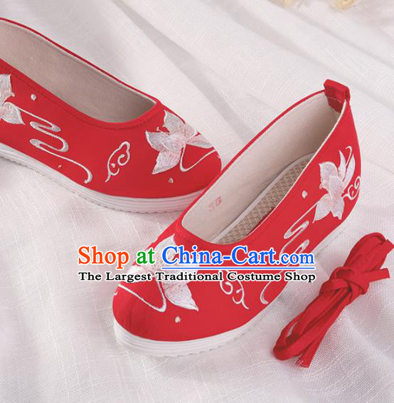 Chinese Traditional Embroidered Lotus Red Shoes Hanfu Cloth Shoes Handmade Ancient Princess Shoes for Women