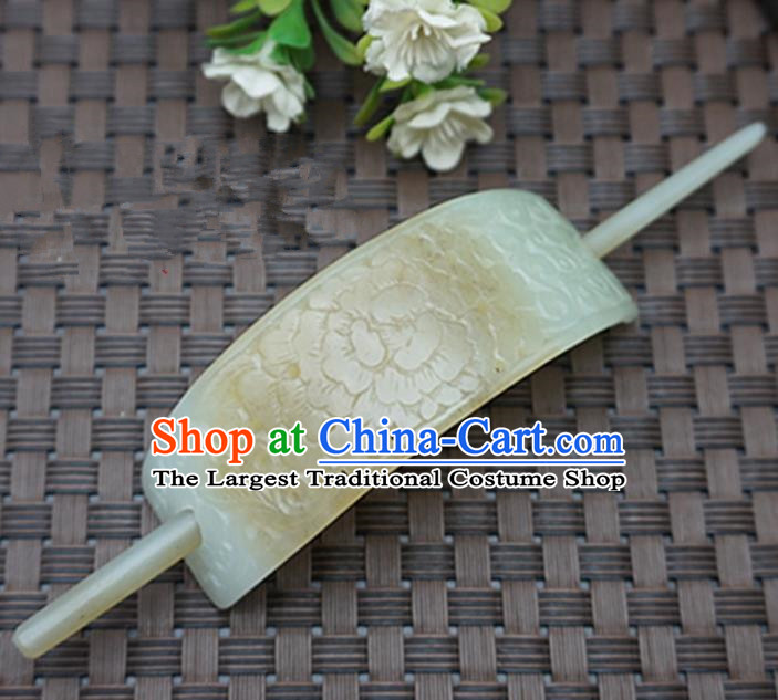 Chinese Handmade Jade Hairpins Carving Peony Jade Hairdo Crown Hair Accessories for Women for Men