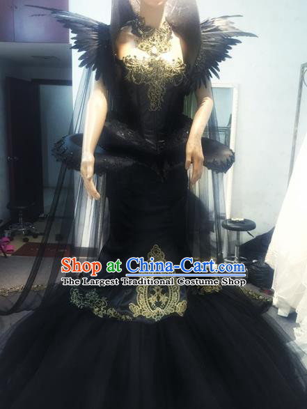 Handmade Europe Court Princess Stage Show Black Veil Trailing Full Dress Halloween Cosplay Fancy Ball Modern Fancywork Costume for Women