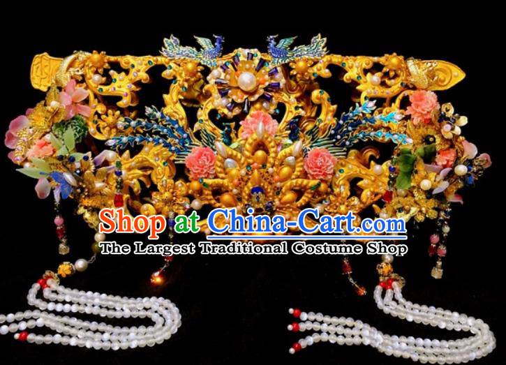 Chinese Traditional Stage Show Qing Dynasty Phoenix Coronet Deluxe Hair Accessories Handmade Cosplay Queen Hat Headwear for Women