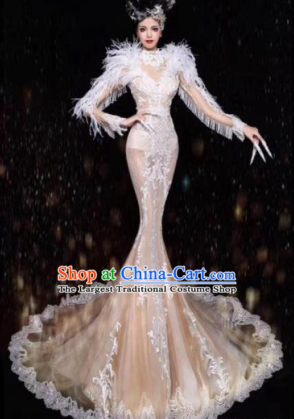 Handmade Modern Fancywork Stage Show Champagne Full Dress Halloween Cosplay Queen Fancy Ball Costume for Women