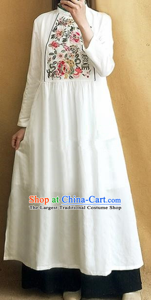 Traditional Chinese Tang Suit White Linen Cheongsam Embroidered Qipao Dress National Costume for Women