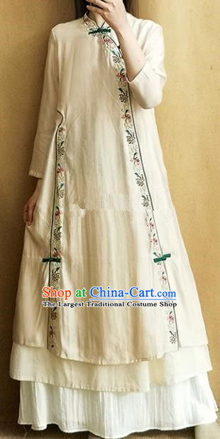 Traditional Chinese Tang Suit Embroidered Beige Cheongsam Linen Qipao Dress National Costume for Women