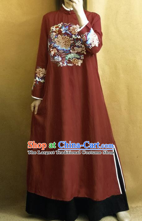 Traditional Chinese Tang Suit Embroidered Lotus Rust Red Cheongsam Linen Qipao Dress National Costume for Women