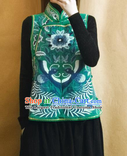 Traditional Chinese Embroidered Green Vest Upper Outer Garment Tang Suit Waistcoat National Costume for Women