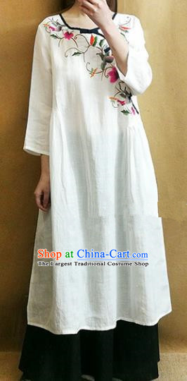 Traditional Chinese Embroidered Twine Flowers White Cheongsam Tang Suit Qipao Dress National Costume for Women