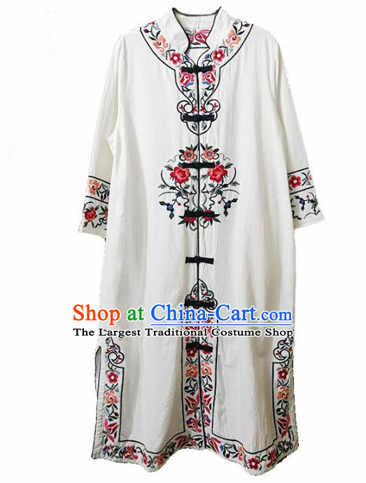 Traditional Chinese Embroidered Flowers White Long Coat Tang Suit Outer Garment National Costume for Women