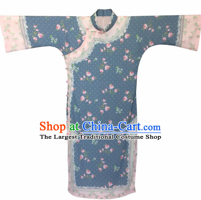 Traditional Chinese Printing Blue Cheongsam Tang Suit Qipao Dress National Costume for Women