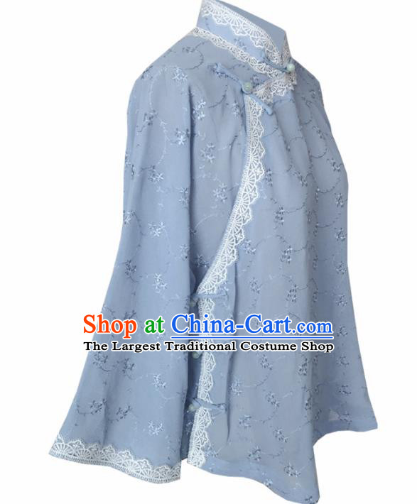 Traditional Chinese Tang Suit Light Blue Blouse Upper Outer Garment National Costume for Women