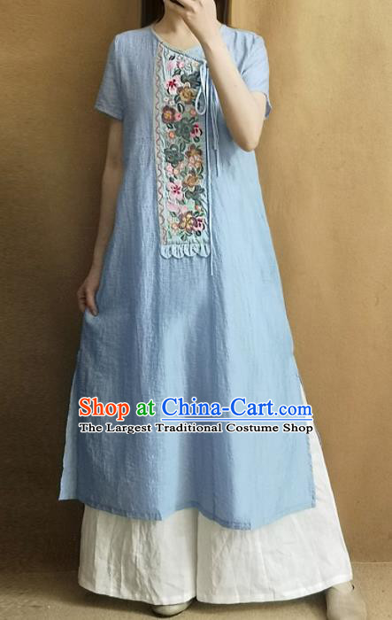 Traditional Chinese Embroidered Blue Qipao Dress Tang Suit National Costume for Women