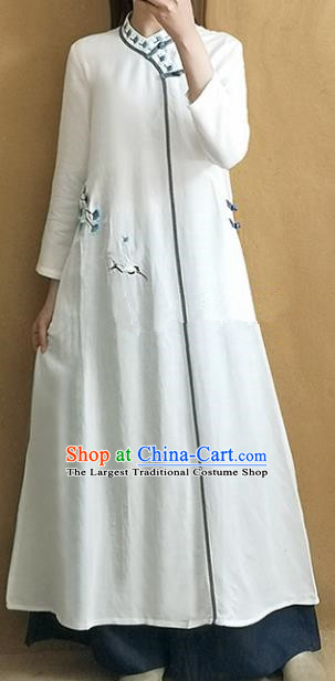 Traditional Chinese Embroidered Crane White Qipao Dress Tang Suit Cheongsam National Costume for Women