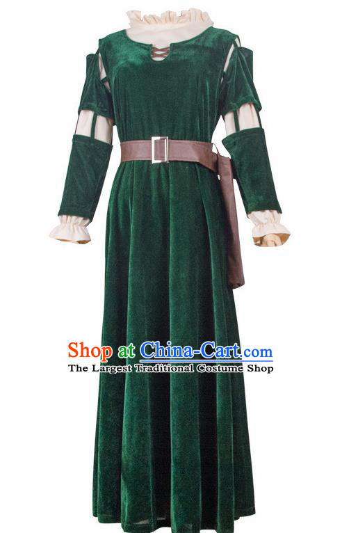 Europe Medieval Traditional Court Princess Costume European Green Velvet Full Dress for Women