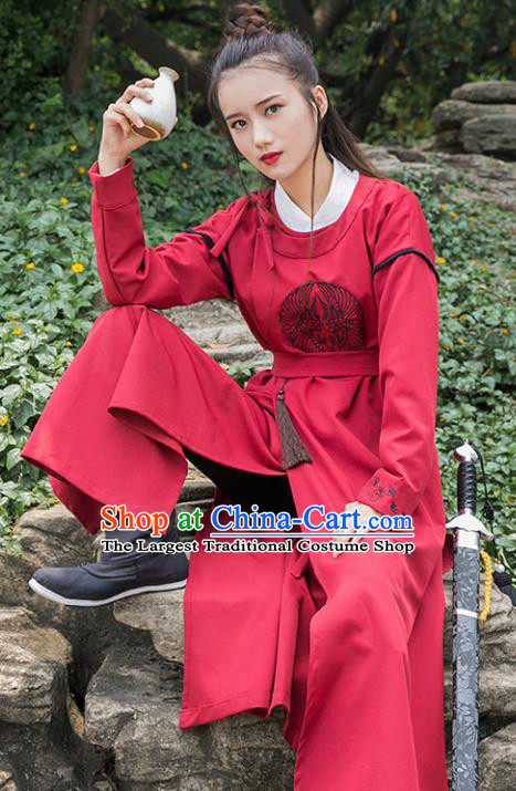 Traditional Chinese Tang Dynasty Young Swordswoman Red Robe Ancient Female Knight Costume for Women