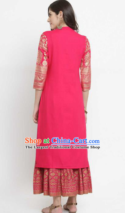 Asian India Traditional Informal Costumes South Asia Indian National Rosy Blouse and Dress for Women
