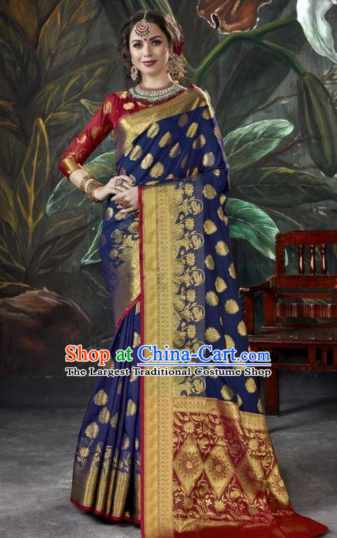Asian India Royalblue Sari Dress Indian Traditional Court Costume Bollywood Queen Clothing for Women