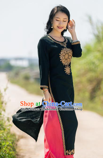 South Asian India Traditional Punjabi Costumes Asia Indian National Black Blouse and Pants for Women