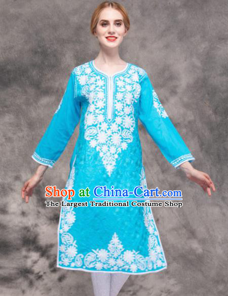 South Asian India Traditional Yoga Costumes Asia Indian National Punjabi Blue Blouse and Pants for Women