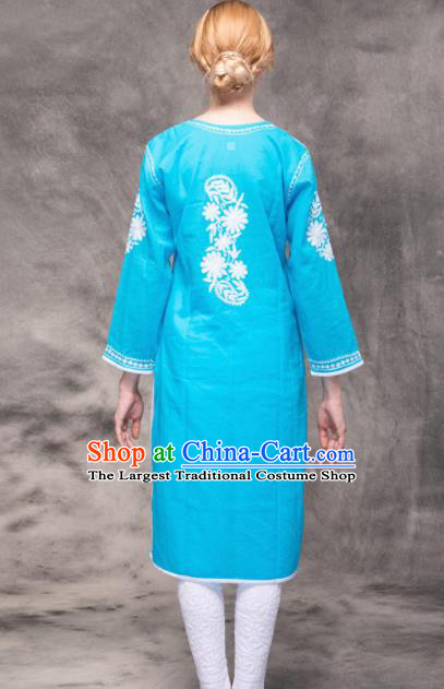 South Asian India Traditional Yoga Costumes Asia Indian National Punjabi Blue Blouse and Pants for Women