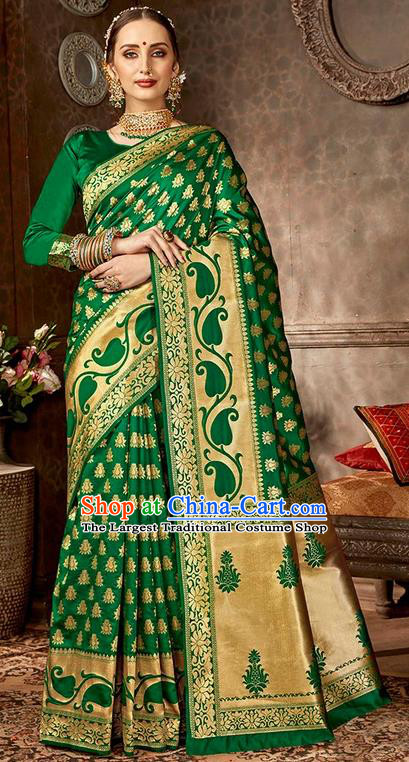 India Traditional Bollywood Green Sari Dress Asian Indian Court Wedding Bride Costume for Women