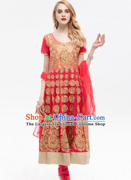 South Asian India Traditional Yoga Costumes Asia Indian National Punjabi Red Dress and Pants for Women