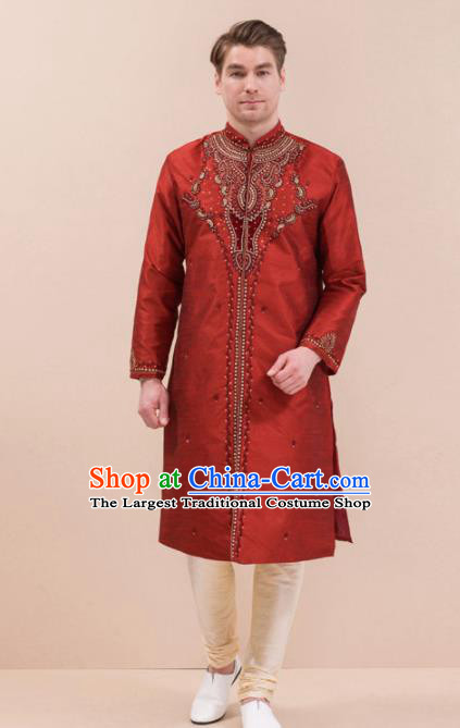 South Asian India Traditional Costume Red Robe and Pants Asia Indian National Suit for Men