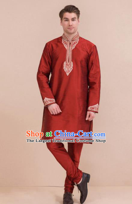 South Asian India Traditional Costume Purplish Red Coat and Pants Asia Indian National Suit for Men