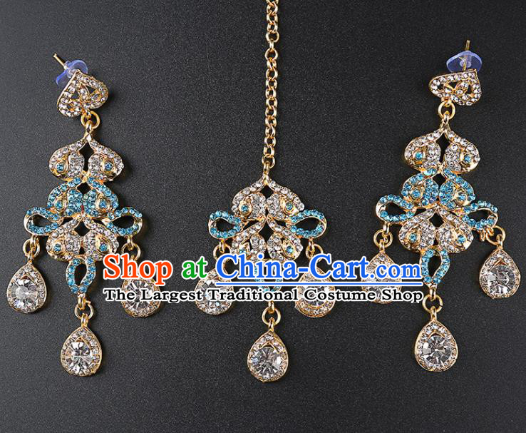 India Traditional Jewelry Accessories Indian Bollywood Princess Blue Crystal Tassel Earrings and Eyebrows Pendant for Women
