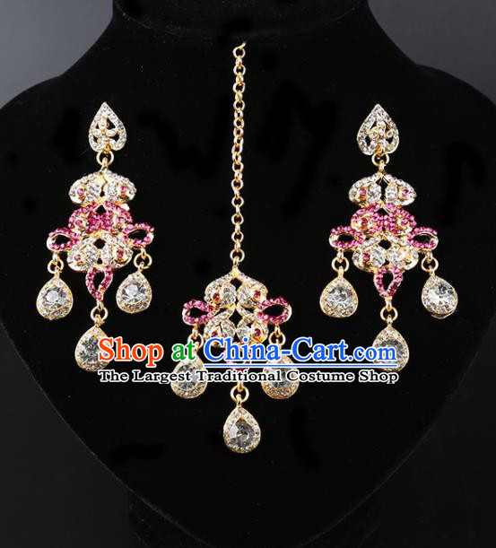India Traditional Jewelry Accessories Indian Bollywood Princess Pink Crystal Tassel Earrings and Eyebrows Pendant for Women