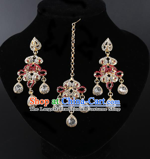 India Traditional Jewelry Accessories Indian Bollywood Princess Red Crystal Tassel Earrings and Eyebrows Pendant for Women