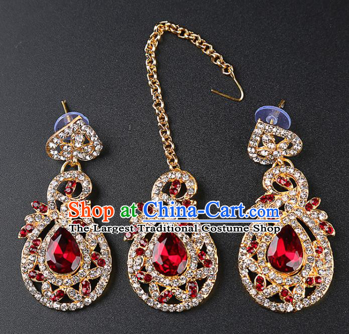 Indian Bollywood Princess Red Crystal Earrings and Eyebrows Pendant India Traditional Jewelry Accessories for Women