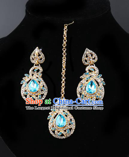 Indian Bollywood Princess Blue Crystal Earrings and Eyebrows Pendant India Traditional Jewelry Accessories for Women