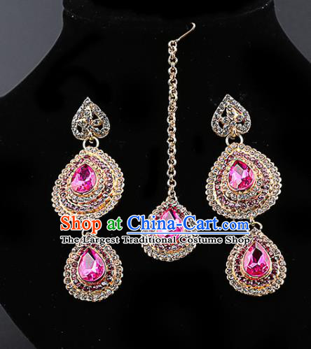 Indian Traditional Bollywood Pink Crystal Earrings and Eyebrows Pendant India Court Princess Jewelry Accessories for Women