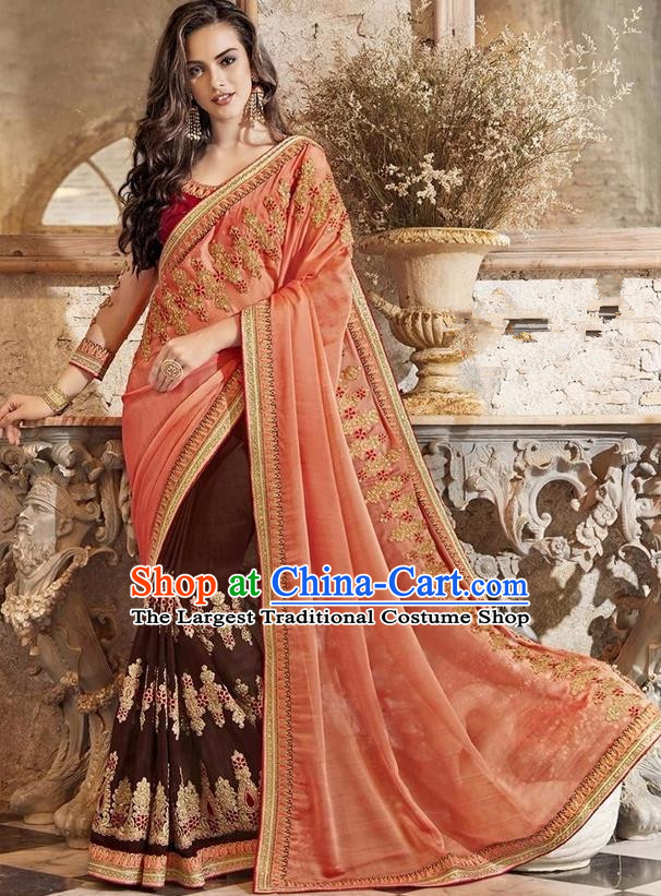 Asian India Traditional Court Princess Embroidered Orange Sari Dress Indian Bollywood Bride Costume for Women