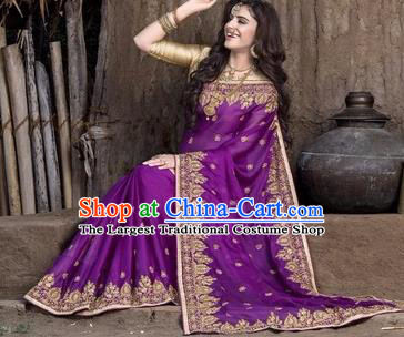 Asian India Traditional Purple Sari Dress Indian Court Princess Bollywood Embroidered Costume for Women