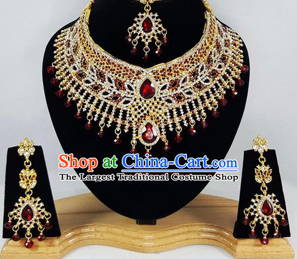 Indian Traditional Bollywood Crystal Necklace Earrings and Eyebrows Pendant India Court Princess Jewelry Accessories for Women