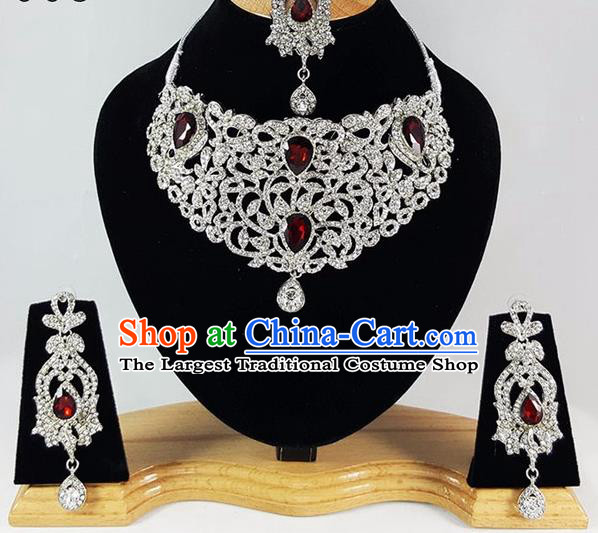 Indian Traditional Bollywood Court Zircon Necklace Earrings and Eyebrows Pendant India Princess Jewelry Accessories for Women