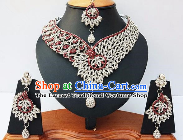 Indian Traditional Bollywood Court Crystal Necklace Earrings and Eyebrows Pendant India Princess Jewelry Accessories for Women