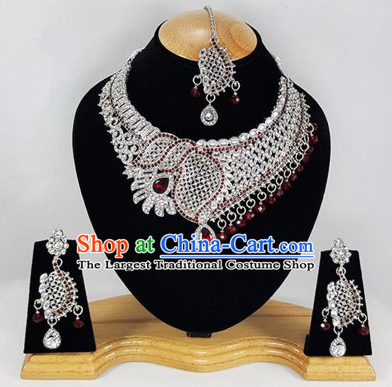 Indian Traditional Bollywood Argent Necklace Earrings and Eyebrows Pendant India Princess Jewelry Accessories for Women