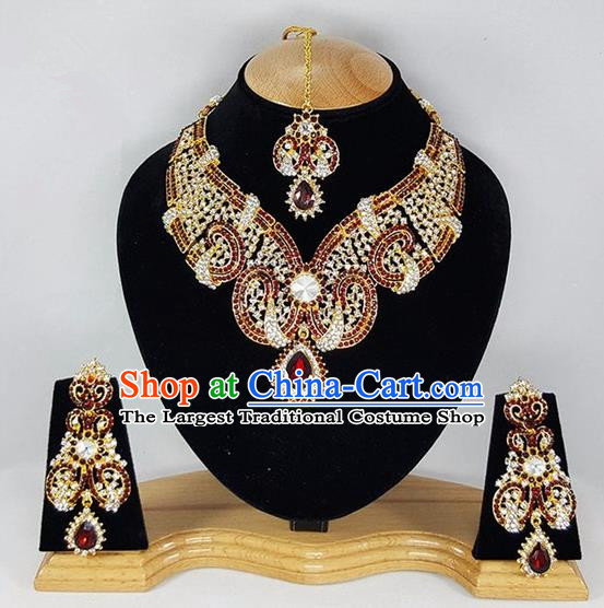 Traditional Indian Bollywood Red Crystal Necklace Earrings and Eyebrows Pendant India Princess Jewelry Accessories for Women