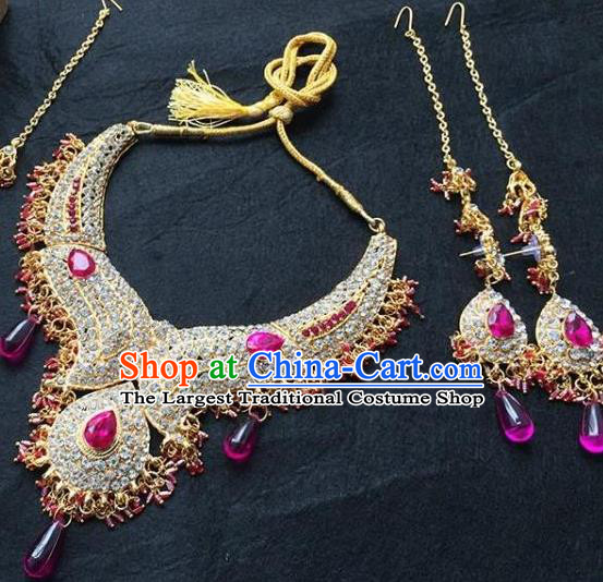 Traditional Indian Bollywood Jewelry Accessories India Princess Rosy Crystal Necklace Earrings and Eyebrows Pendant for Women