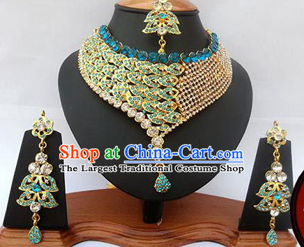 Traditional Indian Jewelry Accessories Bollywood Princess Blue Crystal Necklace Earrings and Eyebrows Pendant for Women