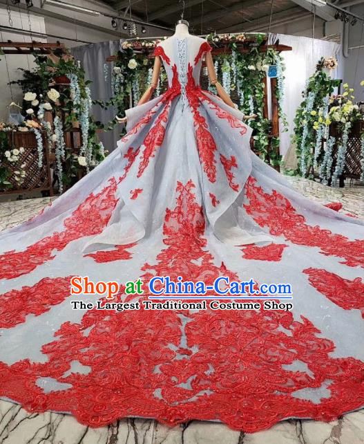 Top Grade Customize Embroidered Red Lace Trailing Full Dress Court Princess Waltz Dance Costume for Women