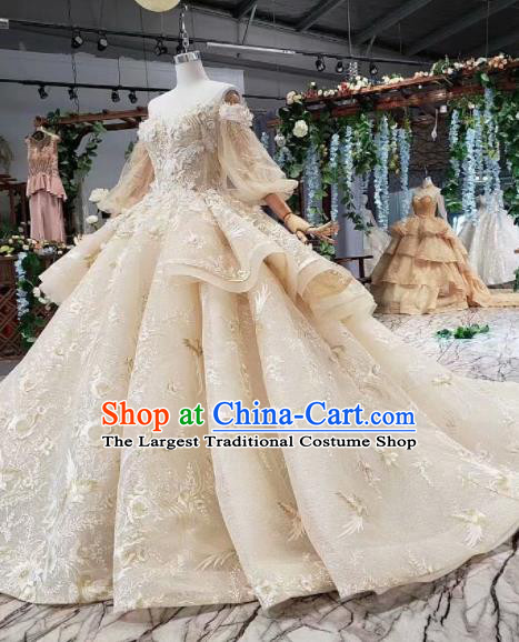 Top Grade Customize Bride Embroidered Beige Veil Trailing Full Dress Court Princess Wedding Costume for Women