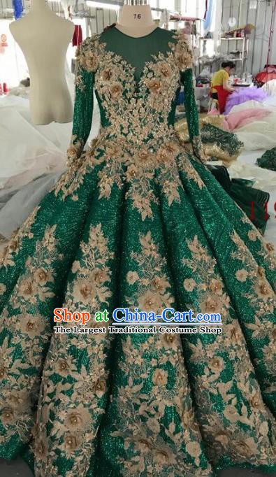 Top Grade Customize Embroidered Green Trailing Full Dress Court Princess Waltz Dance Costume for Women