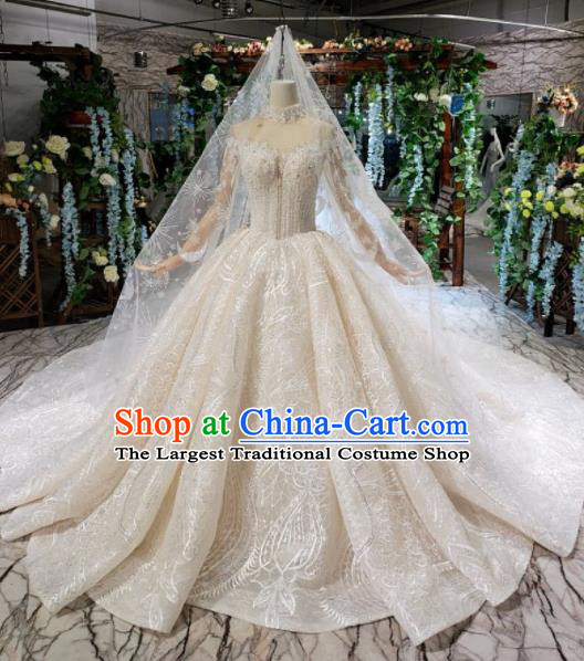 Handmade Customize Bride Embroidered Beads Trailing Full Dress Court Princess Wedding Costume for Women