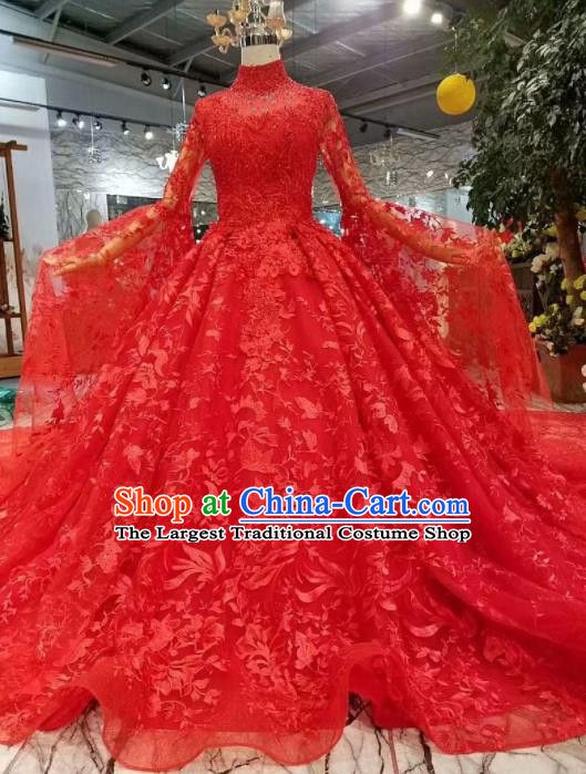 Chinese Customize Court Embroidered Red Lace Trailing Wedding Dress Top Grade Bride Costume for Women