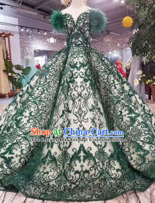 Top Grade Customize Catwalks Embroidered Green Lace Full Dress Court Princess Waltz Dance Costume for Women